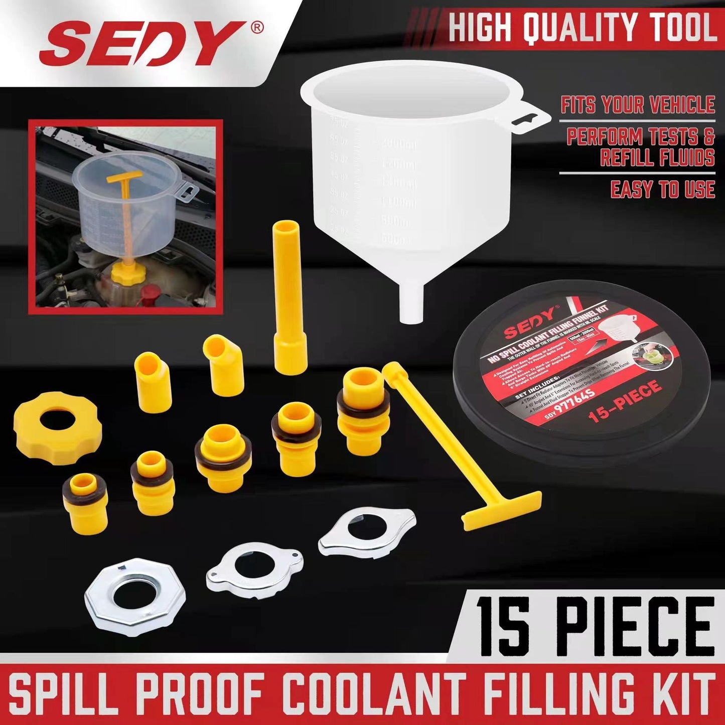15-Piece Car Radiator Coolant Refill Funnel Kit Spill Proof Cooling System Tool