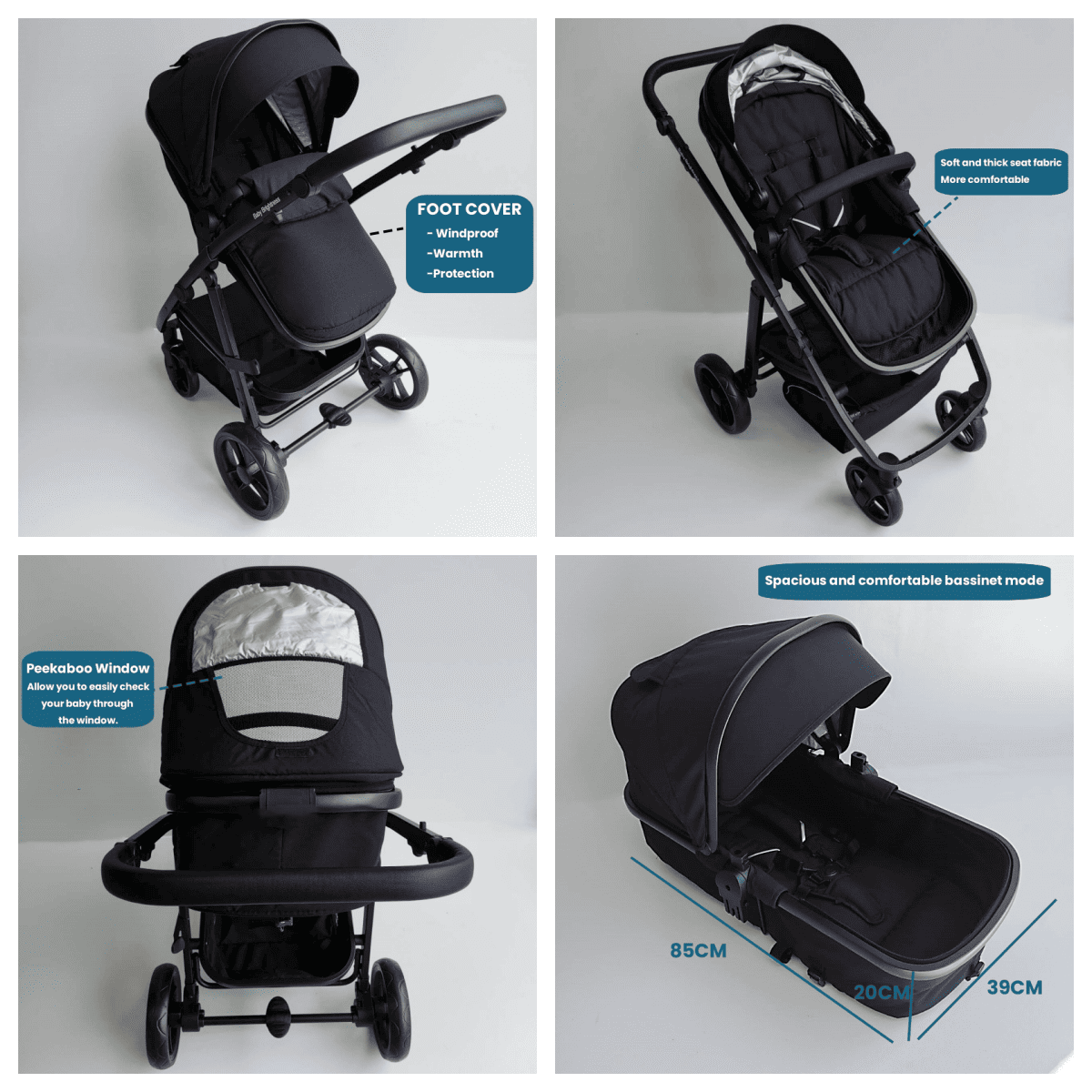 Newborn Pram – Palms Stroller with Bassinet, Car Seat and ISOFIX Base (Black)