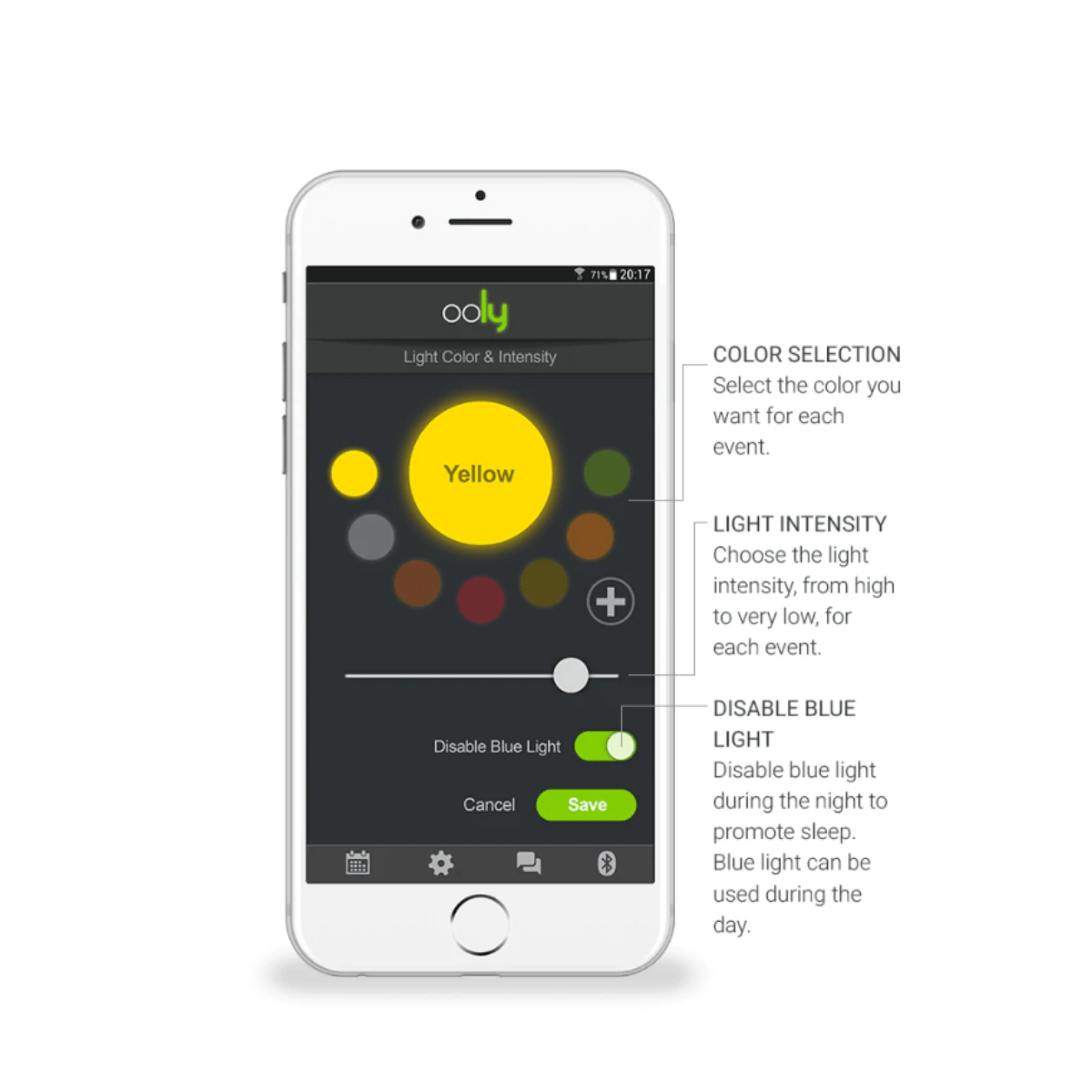 The Ooly Sleep Training Clock uses an intuitive app, allowing you to change colours of the nightlight and scheduled wake up times at a push of a button. 