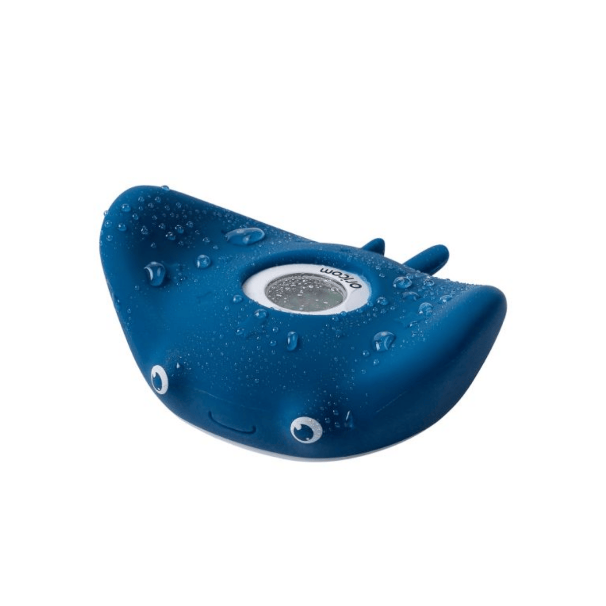 Blue ray-shaped thermeter toy with water droplets on a white background