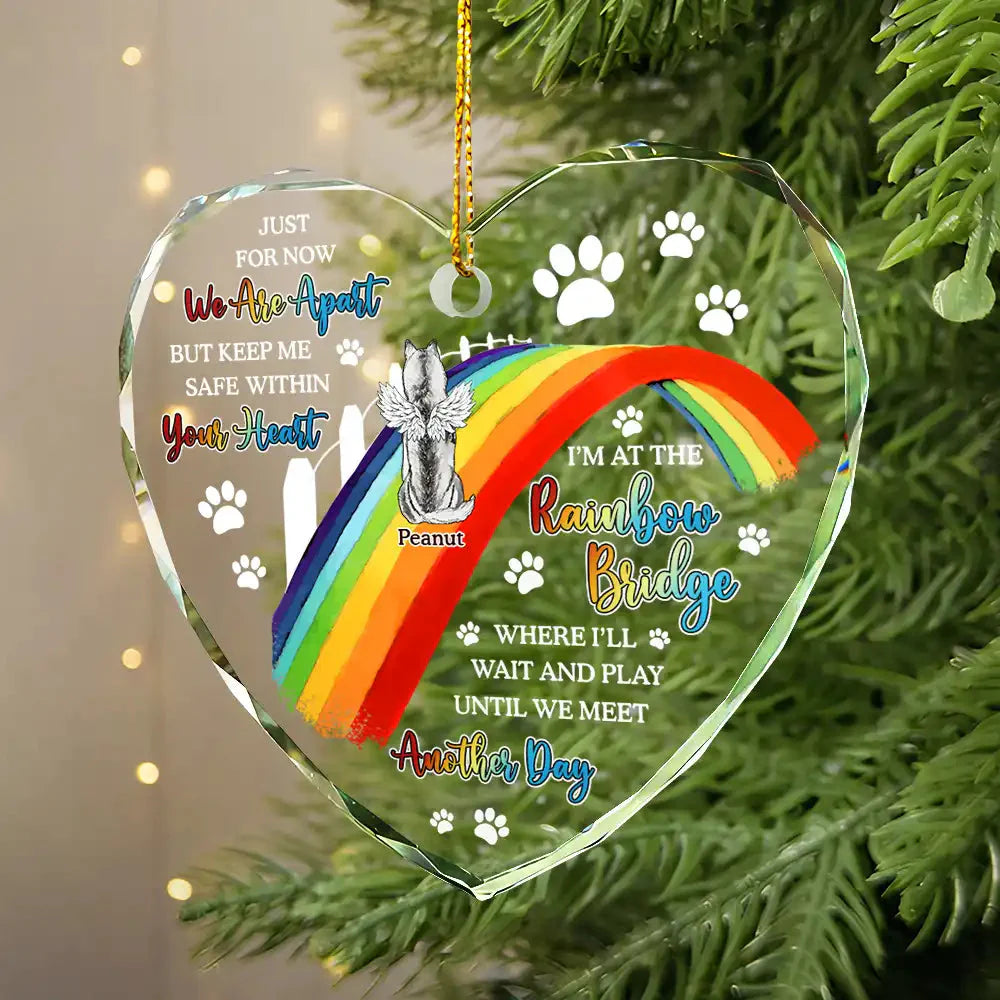 Dog Cat Memorial We'll Wait And Play At The Rainbow Bridge - Personalized Heart Shaped Glass Ornament
