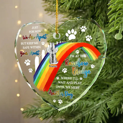 Dog Cat Memorial We'll Wait And Play At The Rainbow Bridge - Personalized Heart Shaped Glass Ornament