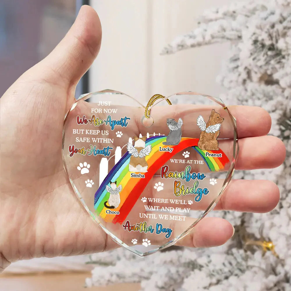 Dog Cat Memorial We'll Wait And Play At The Rainbow Bridge - Personalized Heart Shaped Glass Ornament