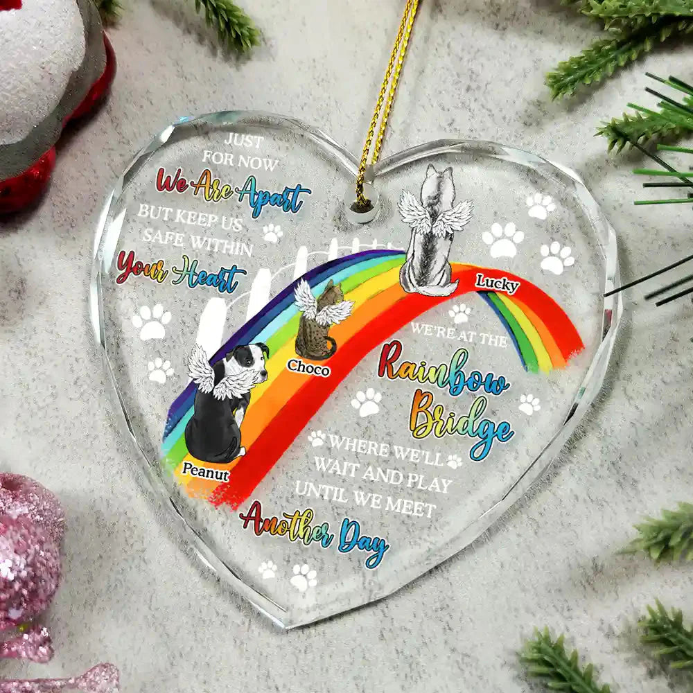 Dog Cat Memorial We'll Wait And Play At The Rainbow Bridge - Personalized Heart Shaped Glass Ornament