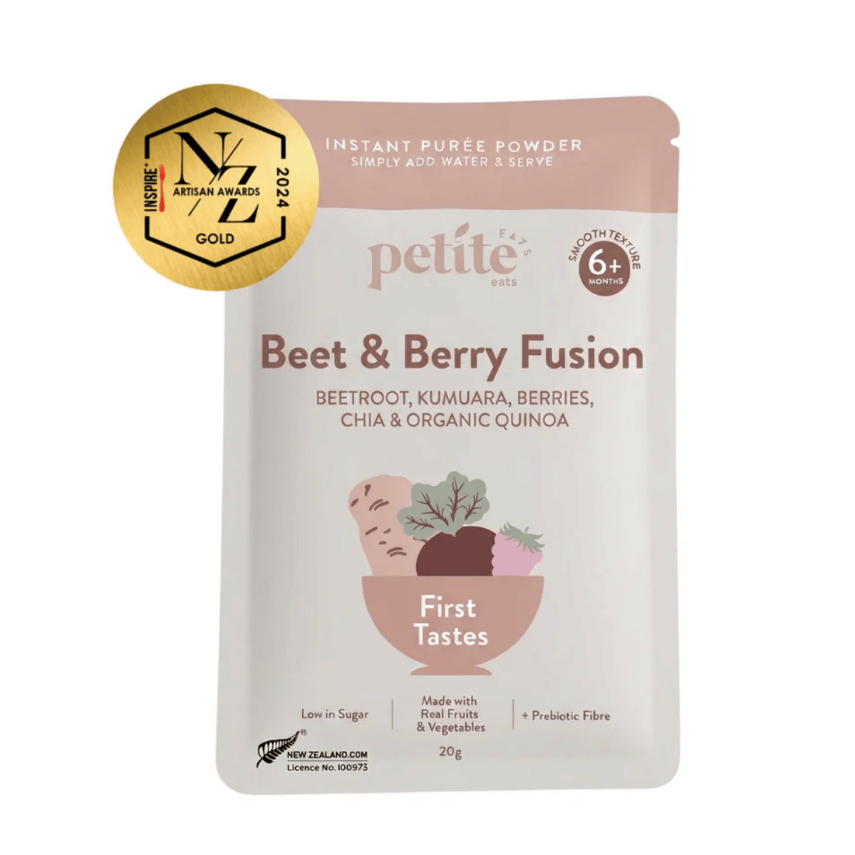 Petite Kids Beet & Berry Fusion instant puree powder package with NZ Award Gold badge on a white background