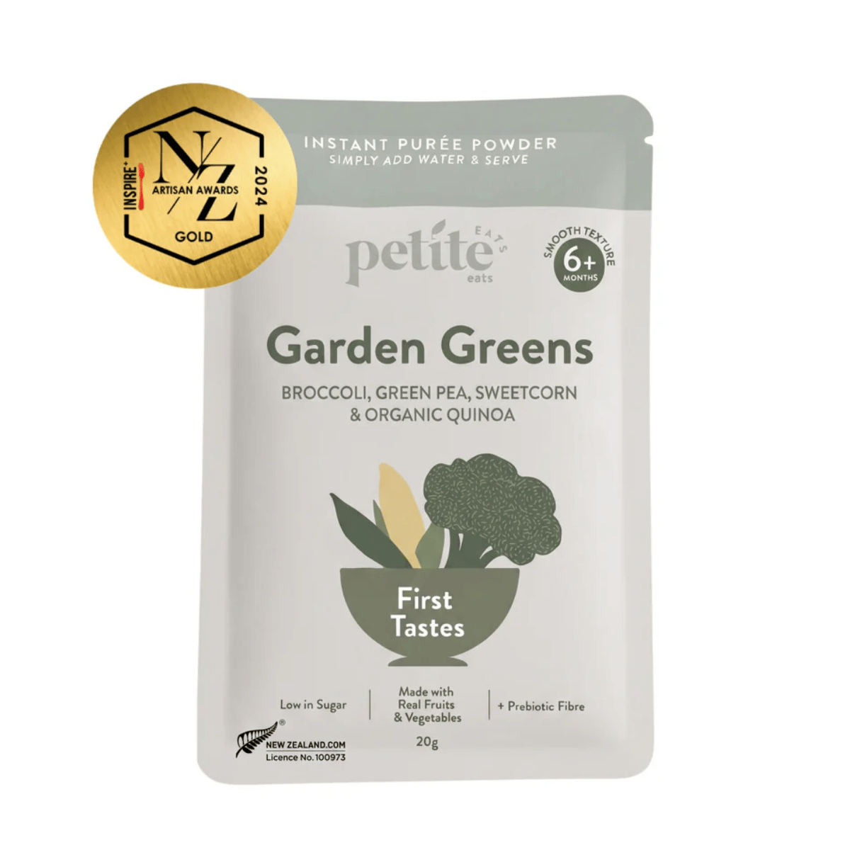 Package of 'Garden Greens' instant puree powder with a gold award badge on a white background