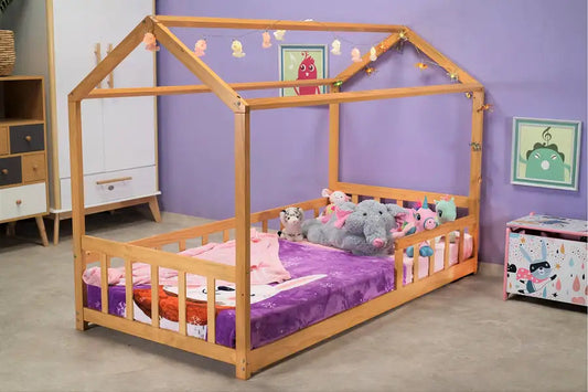 Kapai PLUTO 1 Wooden Toddler House Bed with Railing - NATURAL - Babyonline