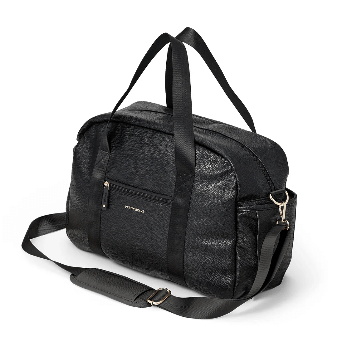 Black duffel bag with shoulder straps on a white background