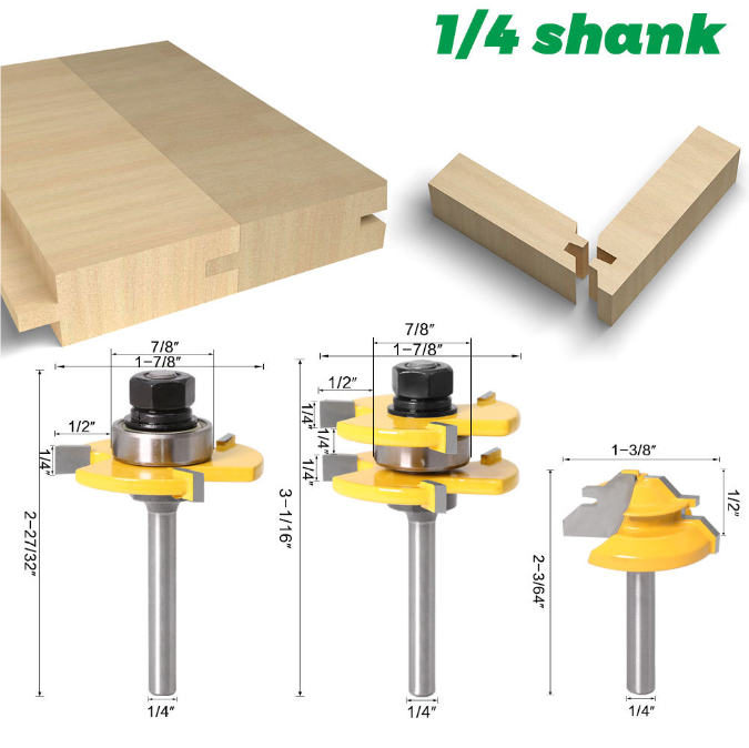 Tongue and Groove Router Bit Set 1/4'' Shank T-type Woodwork Milling Cutter 3pcs - salelink.co.nz