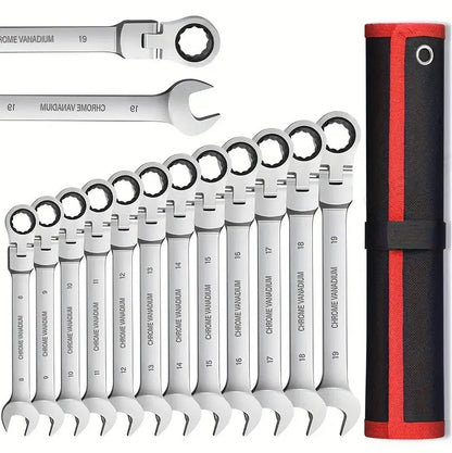12Pc Metric Flexi Head Ratchet Spanner Wrench Set 8mm - 19mm Combination
