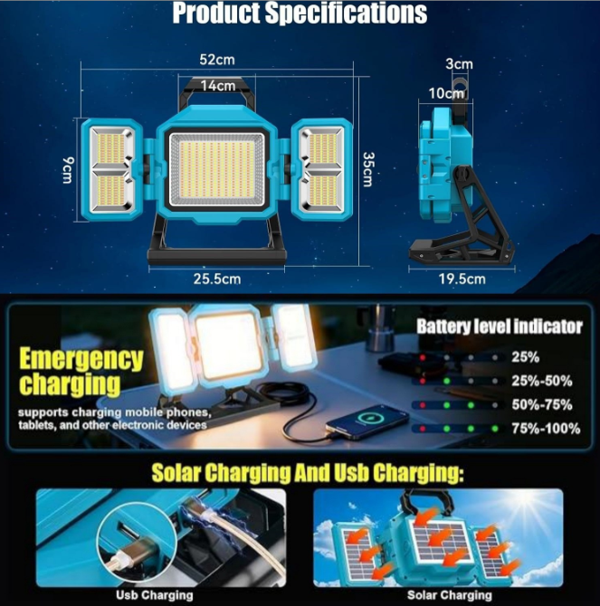88W Solar Rechargeable LED Work Light Foldable