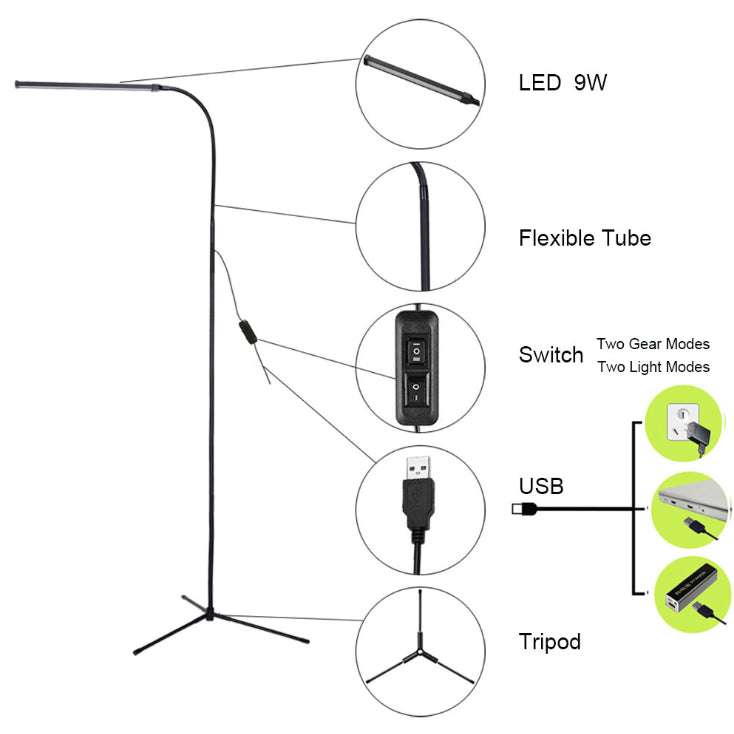 USB Adjustable LED Floor Lamp Reading Dimmable Light