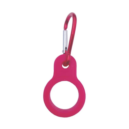 Red carabiner with a clear plastic loop on a white background