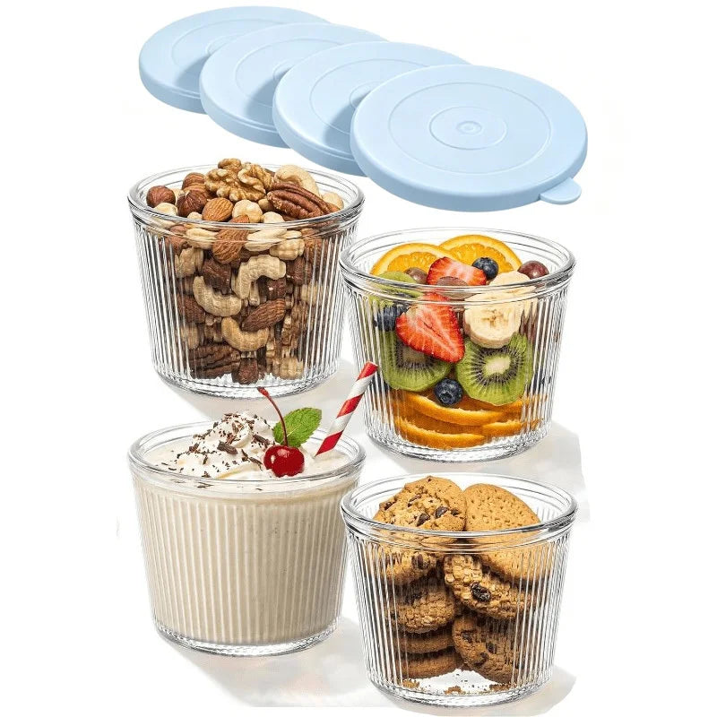 Clear Ribbed Glass Dessert Bowls with Lids – Stackable Snack & Sauce Containers (4 or 6 Pack)