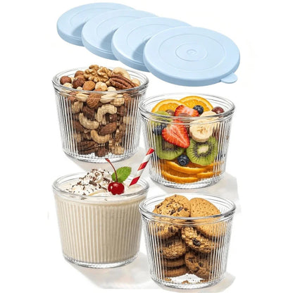 Clear Ribbed Glass Dessert Bowls with Lids – Stackable Snack & Sauce Containers (4 or 6 Pack)