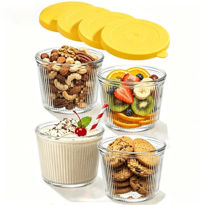 Clear Ribbed Glass Dessert Bowls with Lids – Stackable Snack & Sauce Containers (4 or 6 Pack)