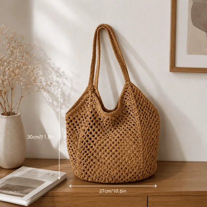 Large Woven Crochet Tote Bag – Lightweight Summer Beach & Shopping Shoulder Bag
