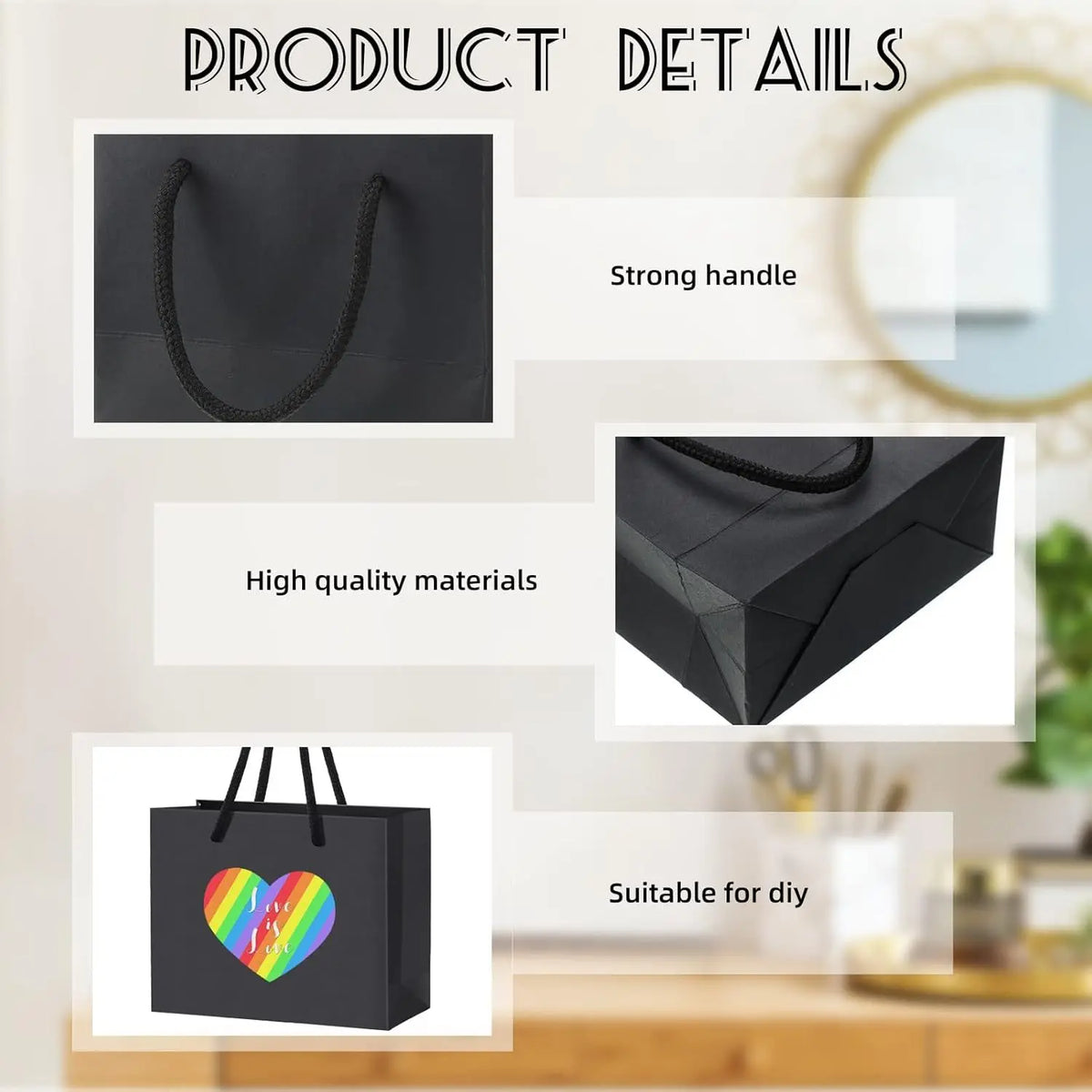 10 Pack Black Paper Gift Bags with Rope Handles – Small Boutique & Party Gift Bags (12 × 6 × 10cm)
