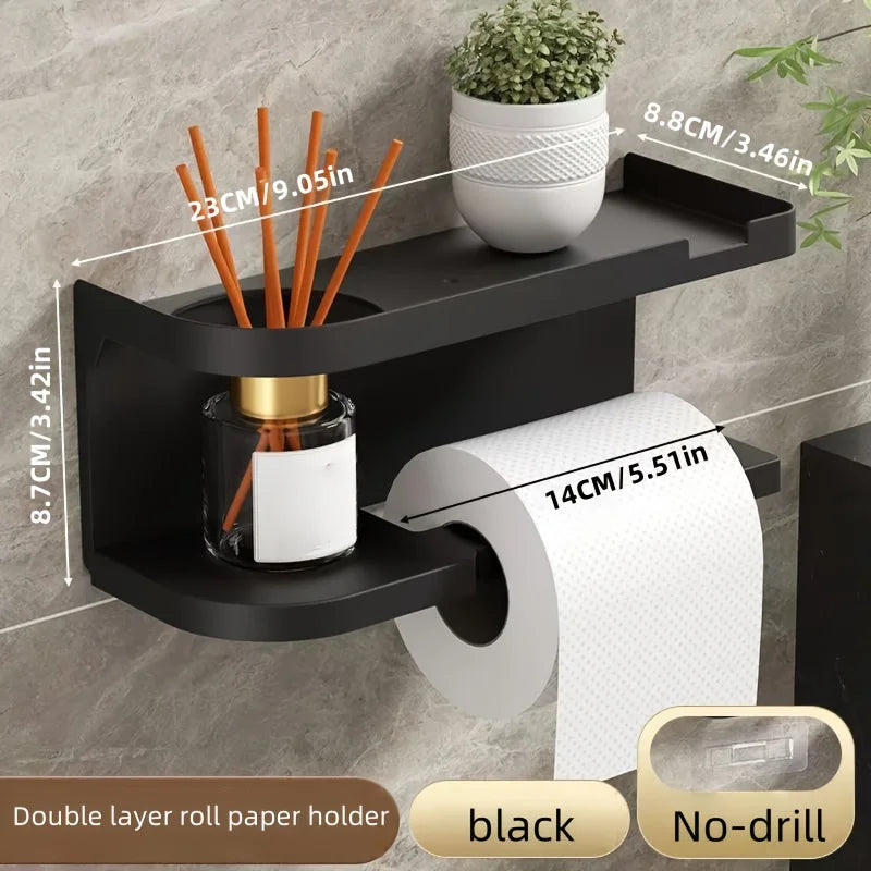 Self-Adhesive Toilet Paper Holder with Phone Shelf – Stainless Steel Wall Mount