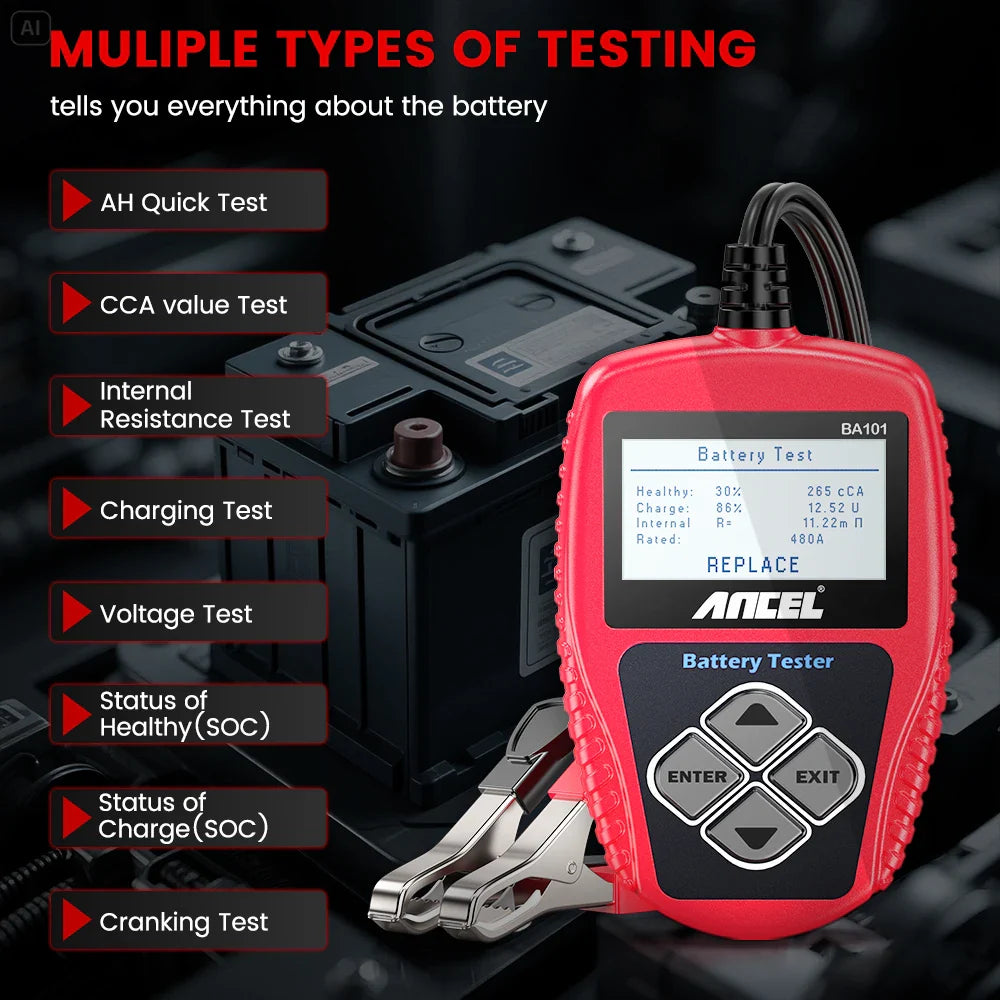 BA101 Car Battery Tester – 12V Load Analyzer (100–2000 CCA)