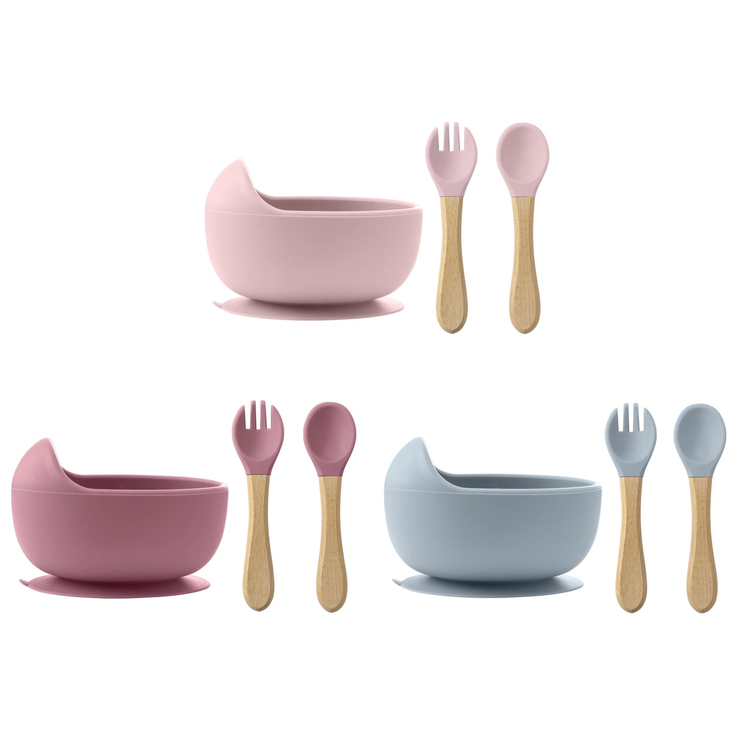 3-Piece Silicone Baby Suction Bowl Set – Bowl, Wooden Spoon & Fork