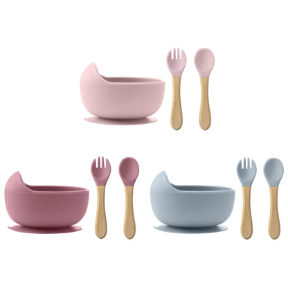 3-Piece Silicone Baby Suction Bowl Set – Bowl, Wooden Spoon & Fork
