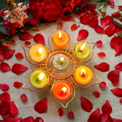 Gold Flower-Shaped 7-Cup Tealight Candle Holder – Metal Diya Stand for Diwali, Navratri & Pooja