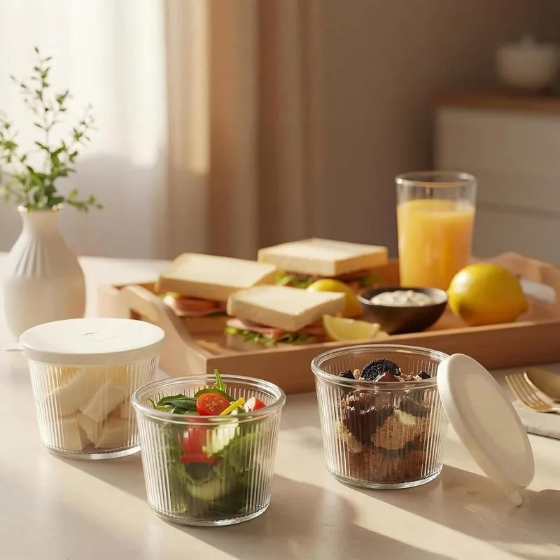 Clear Ribbed Glass Dessert Bowls with Lids – Stackable Snack & Sauce Containers (4 or 6 Pack)