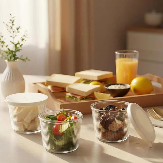 Clear Ribbed Glass Dessert Bowls with Lids – Stackable Snack & Sauce Containers (4 or 6 Pack)