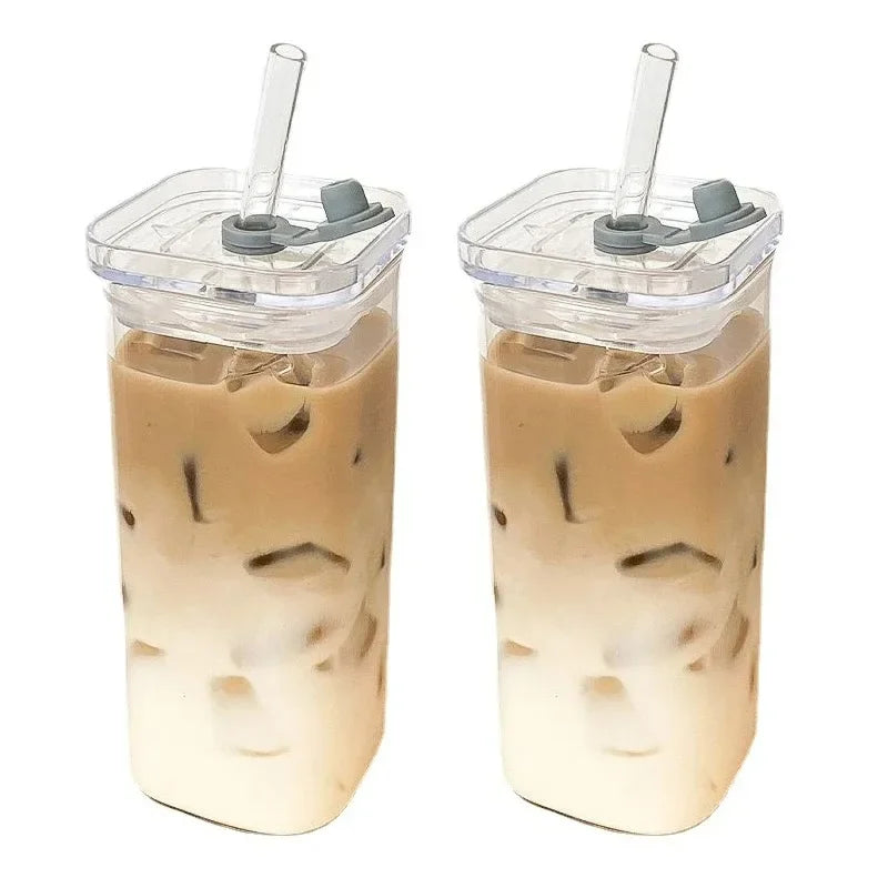 400ml Glass Tumbler with Lid & Straw – Coffee & Juice Cup
