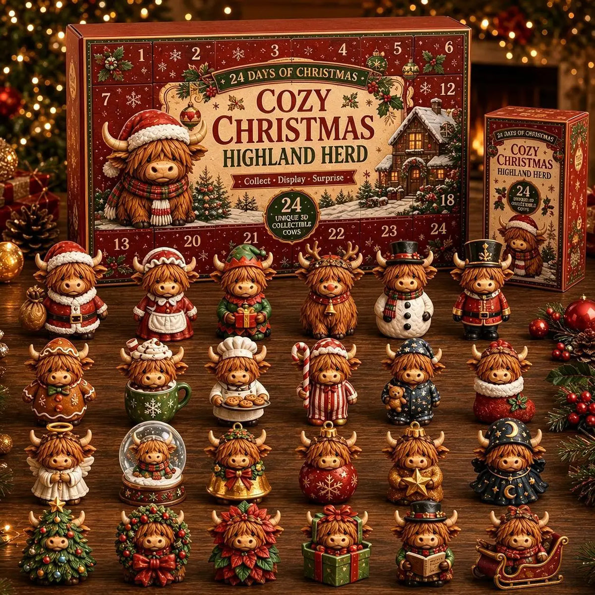 Christmas Advent Calendar – 24-Piece Highland Cow Acrylic Ornaments & Christmas Countdown Decorations