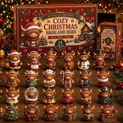 Christmas Advent Calendar – 24-Piece Highland Cow Acrylic Ornaments & Christmas Countdown Decorations