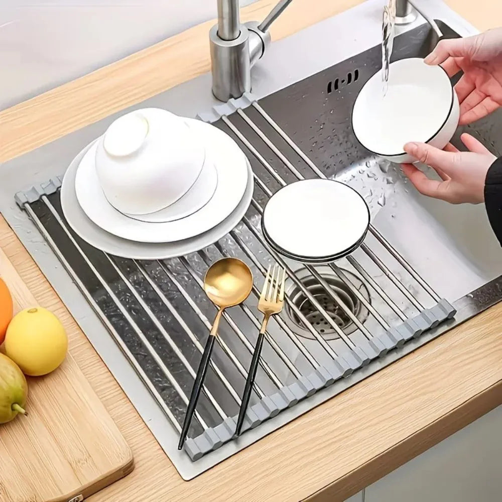 Roll-Up Stainless Steel Over-Sink Drying Rack – Foldable Dish Drainer & Food Prep Rack