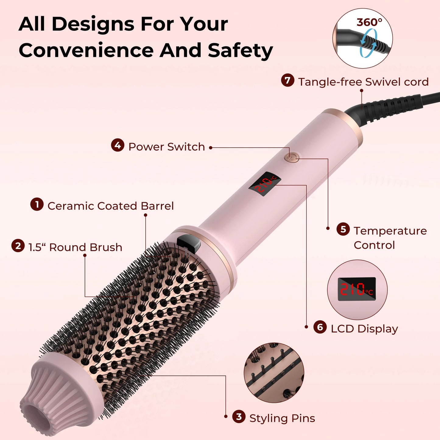 Ceramic Heated Thermal Brush – Volumising Hot Brush for Loose Curls & Smooth Styling