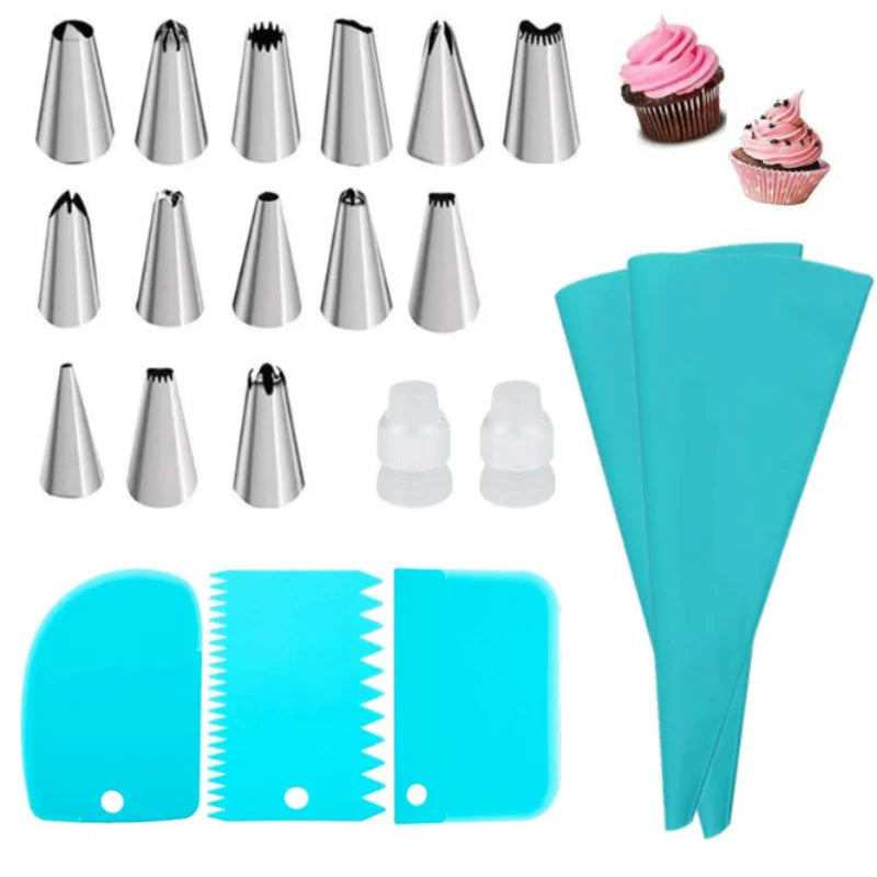 Reusable Silicone Piping Bags & Stainless Steel Nozzle Set – Cake Decorating Kit