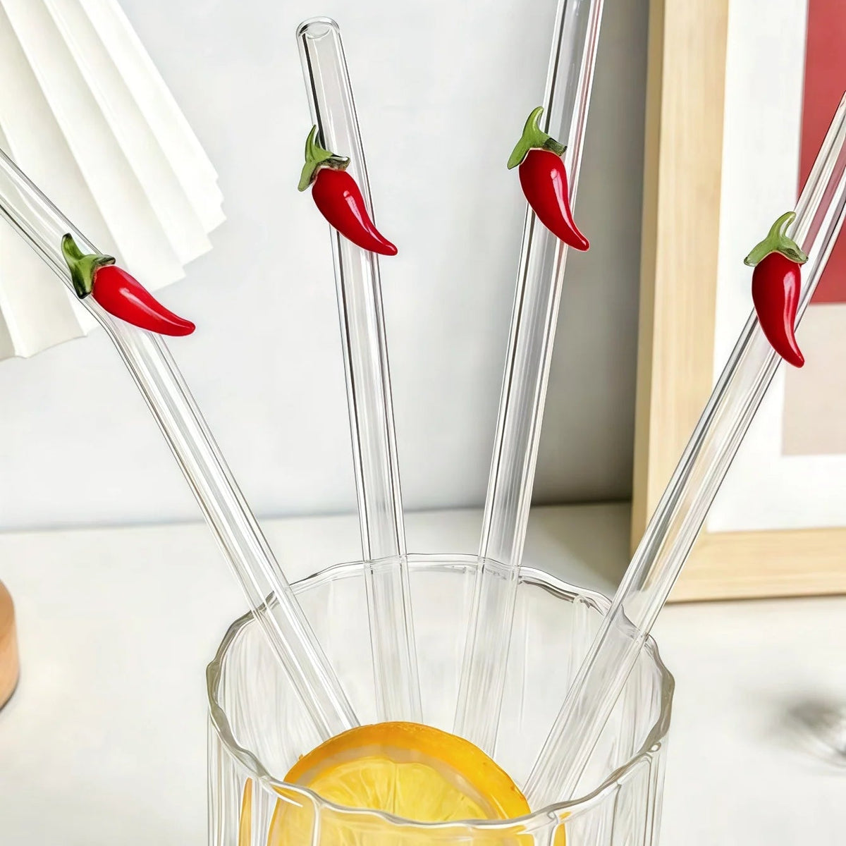Chilli Pepper Glass Drinking Straws – Reusable Bent Straws for Cocktails, Juice & Iced Coffee