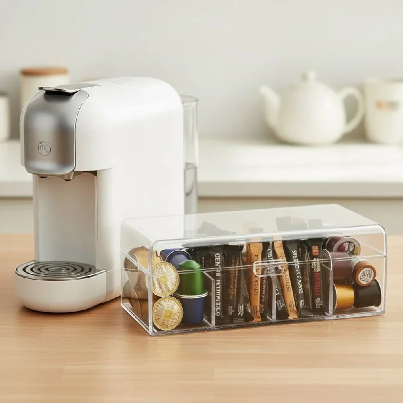 Clear 4-Compartment Storage Box with Lid – Tea Bag, Makeup & Desk Organiser
