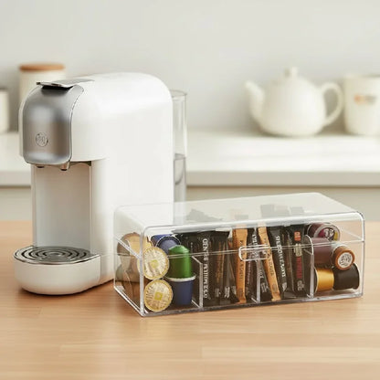 Clear 4-Compartment Storage Box with Lid – Tea Bag, Makeup & Desk Organiser