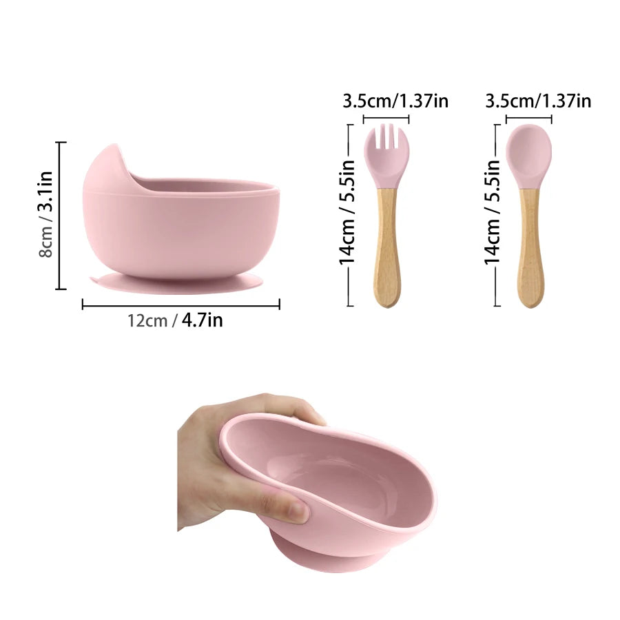 3-Piece Silicone Baby Suction Bowl Set – Bowl, Wooden Spoon & Fork