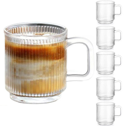 12oz Ribbed Glass Coffee Mug with Handle – 355ml Tea, Latte & Cappuccino Cup