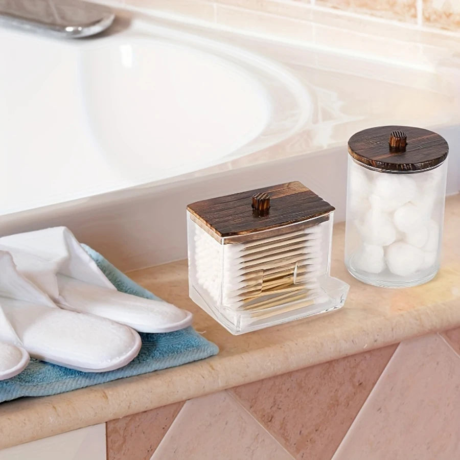 Clear Bathroom Storage Organiser with Wooden Lid – Cotton Swab, Cotton Ball & Makeup Pad Holders (1 or 3 Pack)