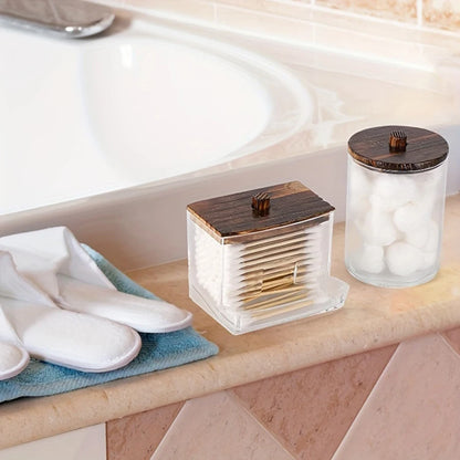 Clear Bathroom Storage Organiser with Wooden Lid – Cotton Swab, Cotton Ball & Makeup Pad Holders (1 or 3 Pack)