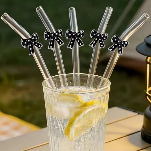Black Polka Dot Bow Glass Drinking Straws – Reusable Curved Straws (3 or 6 Pack)