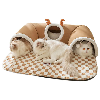 Plush Cat Bed & Play Tunnel – Warm U-Shaped Kitten Hideaway with Toys