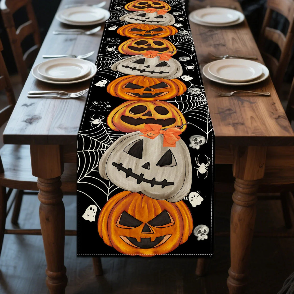 Halloween Table Runner – Pumpkin, Bat & Skull Party Table Décor