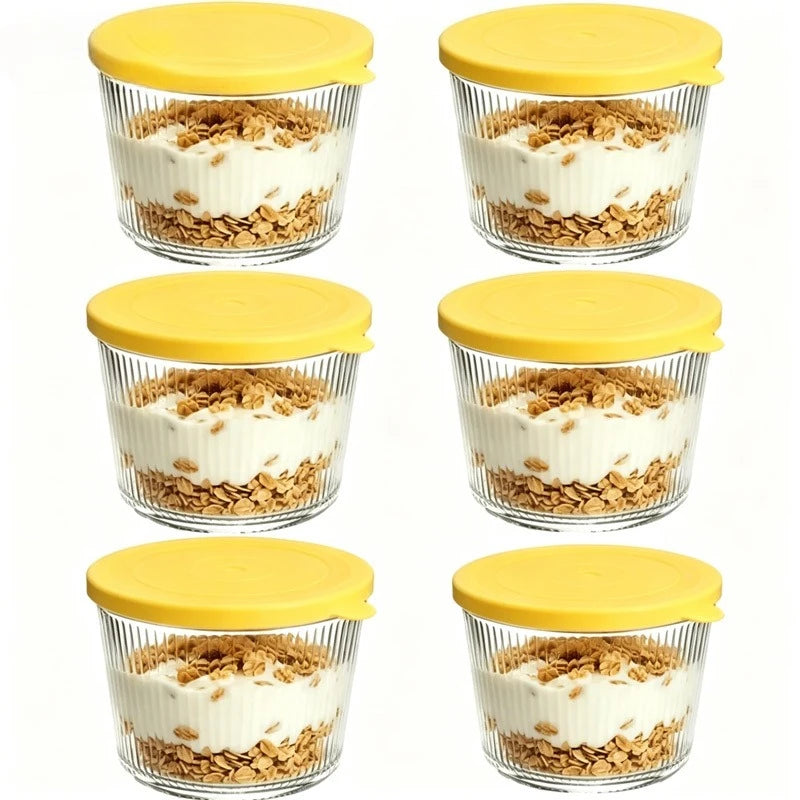 Clear Ribbed Glass Dessert Bowls with Lids – Stackable Snack & Sauce Containers (4 or 6 Pack)