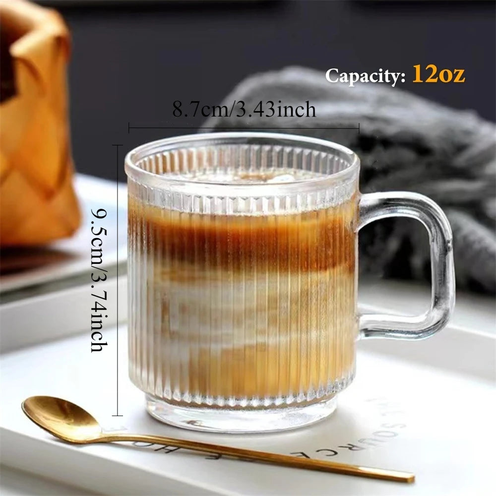 12oz Ribbed Glass Coffee Mug with Handle – 355ml Tea, Latte & Cappuccino Cup