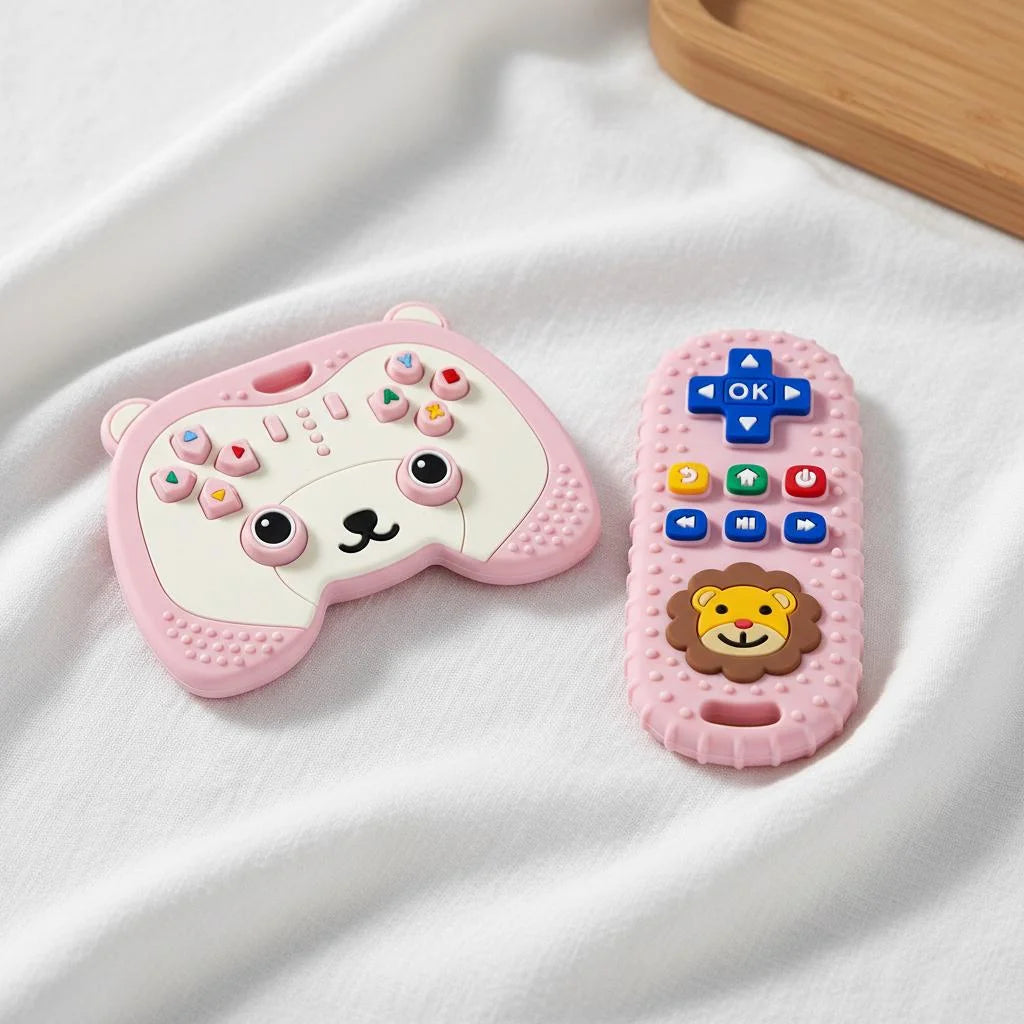 2-Piece Silicone Baby Teether Set – Bear Game Controller & Lion Remote