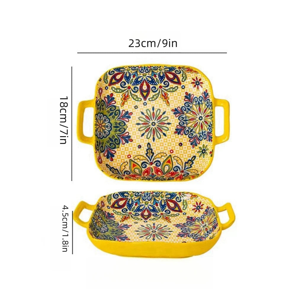 9-Inch Bohemian Ceramic Pasta & Salad Dish – Double Handle Oven & Microwave Safe Plate