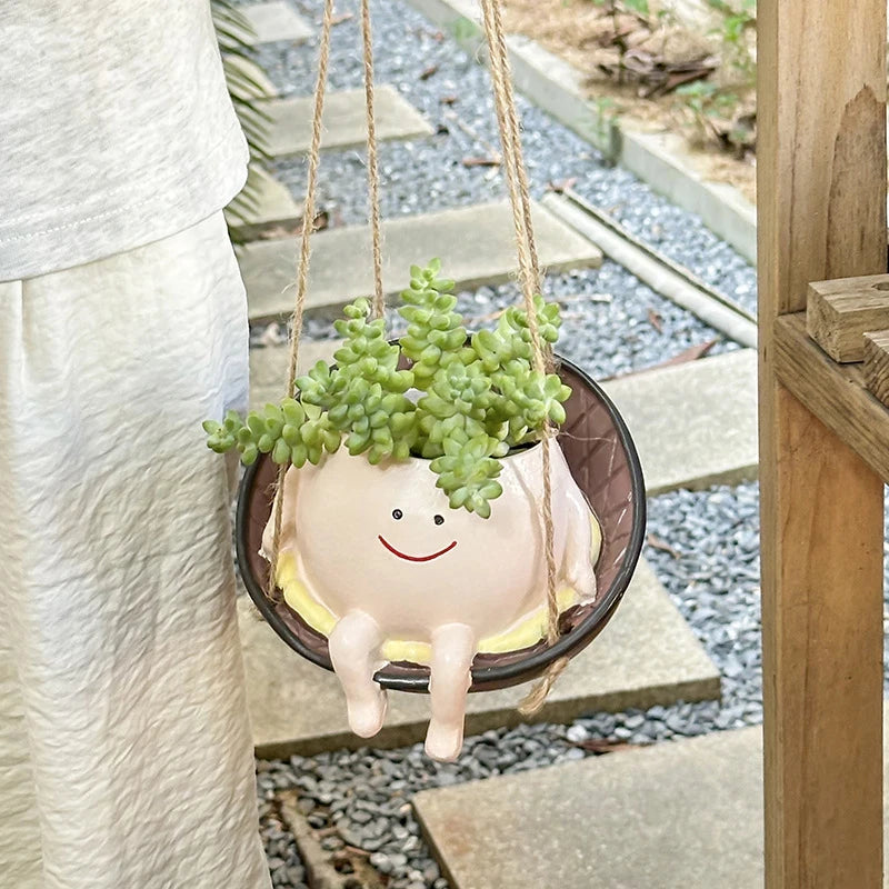 Happy Face Swing Planter – Whimsical Hanging Resin Succulent Pot